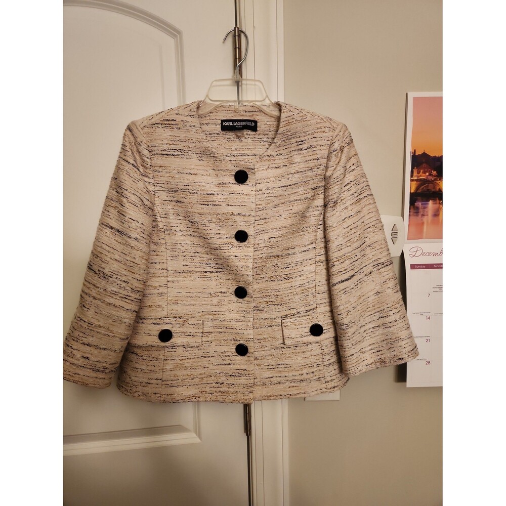 Karl Lagerfeld Paris Cream Textured Tweed 3/4 Sleeves Buttoned Blazer Size 8